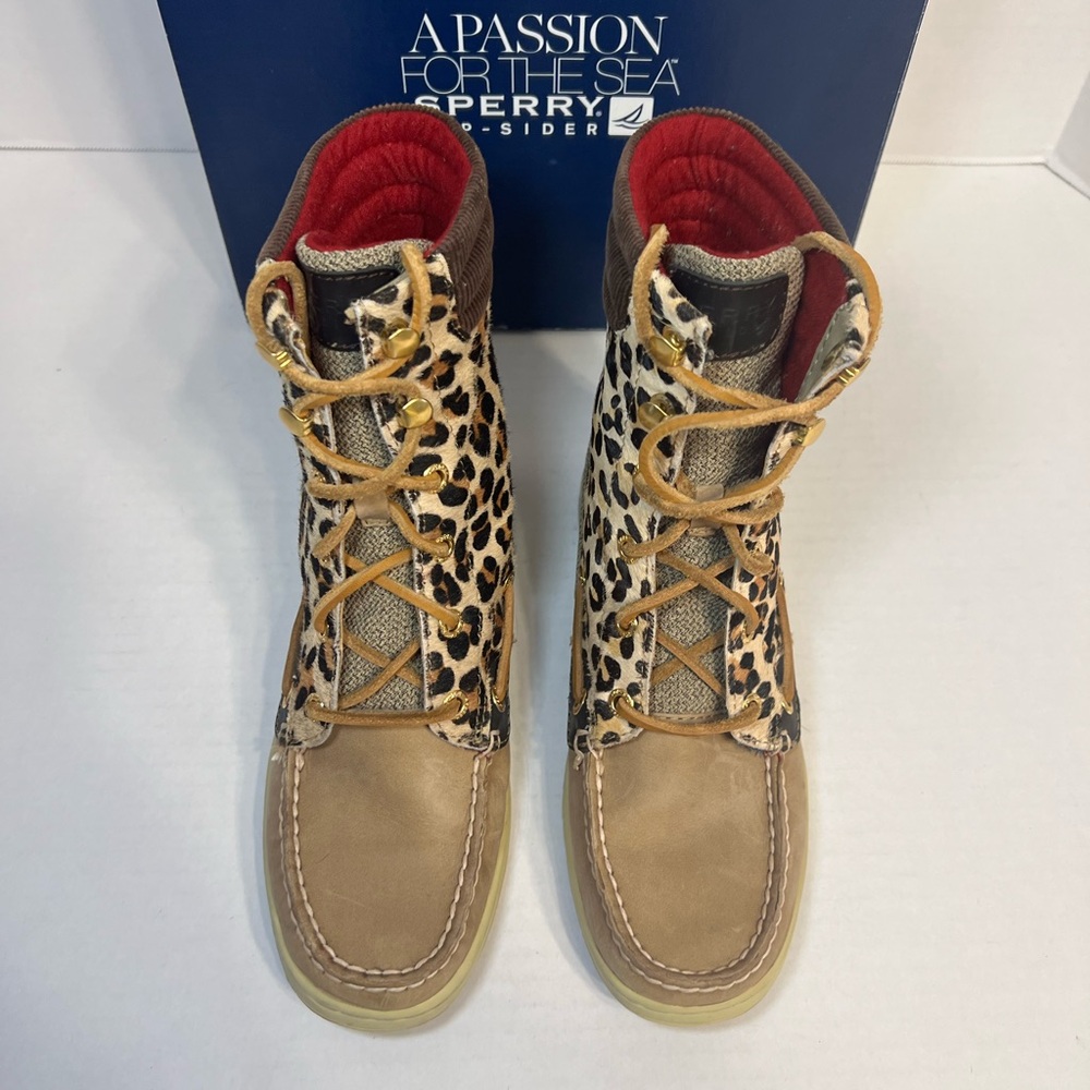 Sperry Topsider Hikerfish Leather Leopard Print Calf Hair Boots. Size 6 With Box - Picture 3 of 13